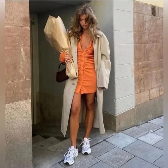 With Jean Andy Mini Dress - Maple Orange, Ruched Button-Down XS, - Picture 13 of 16